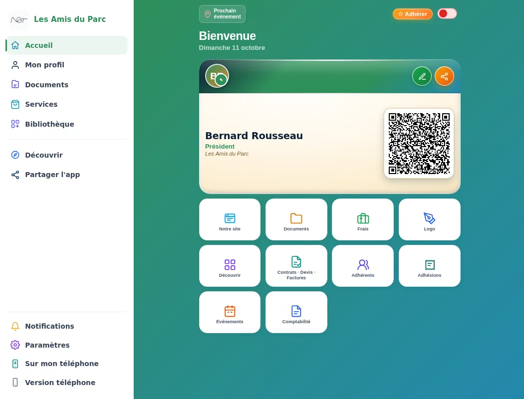 Home screen of a Ngento demo app for the “Les Amis du Parc” association: membership card with a QR code and ten shortcuts (website, documents, expenses, logo, quotes and invoices, members, memberships, events, accounting).