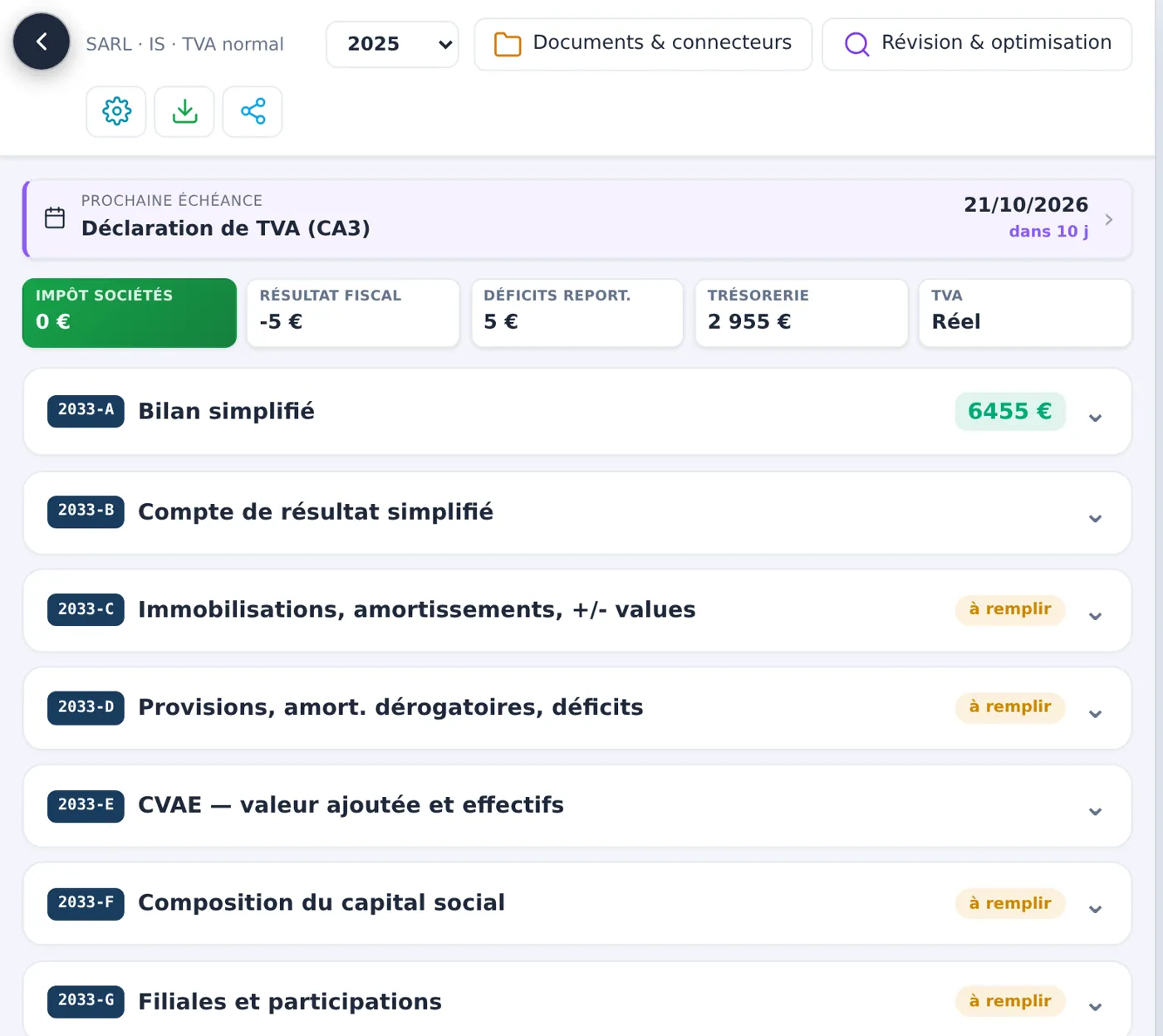 Accounting module: next VAT deadline, key figures and the 2033-A to 2033-G forms of the simplified French tax return.