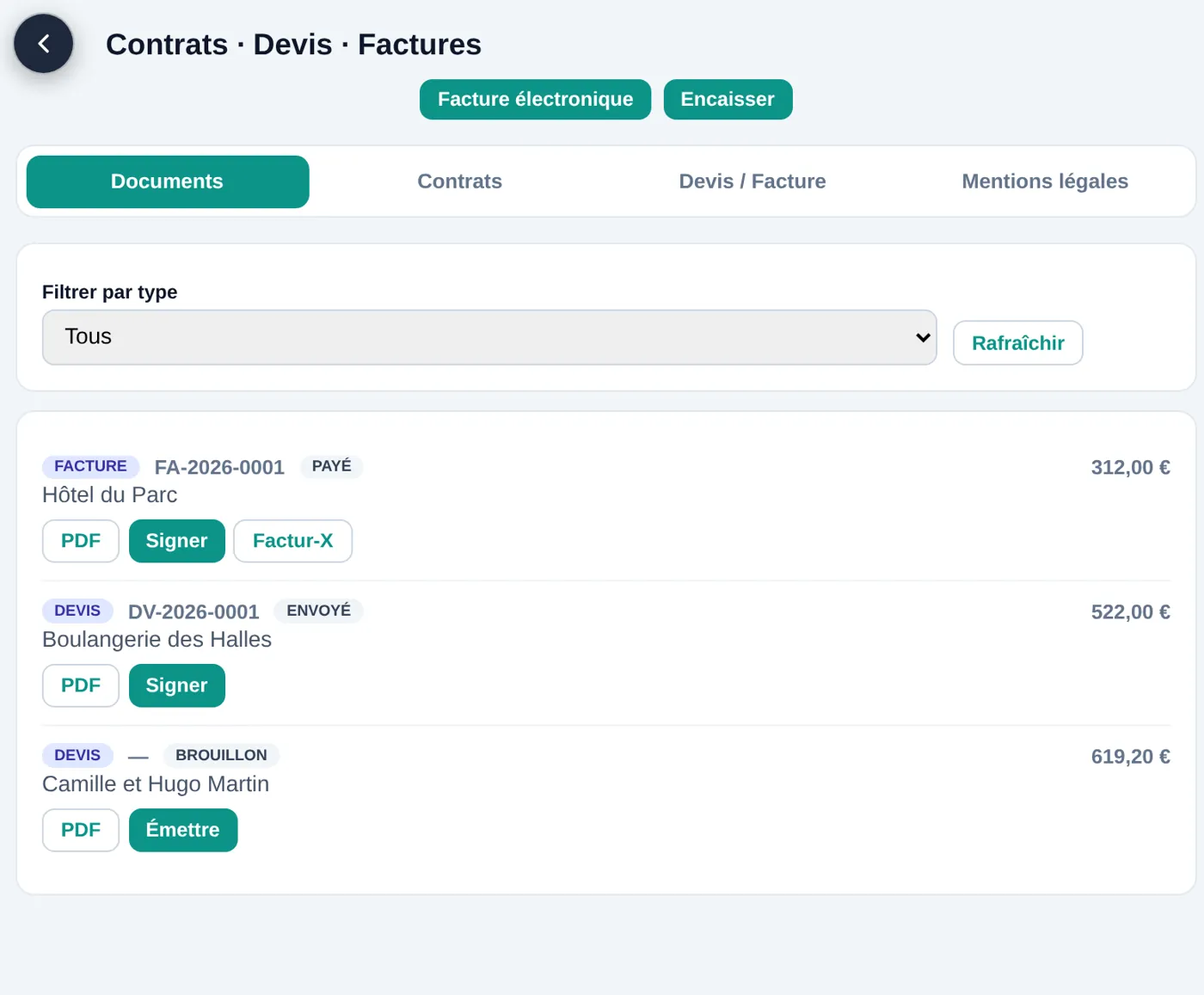 Contracts, quotes and invoices module: a paid invoice, a quote sent for signature and a draft quote, with their amounts and the PDF, Sign and Factur-X buttons.