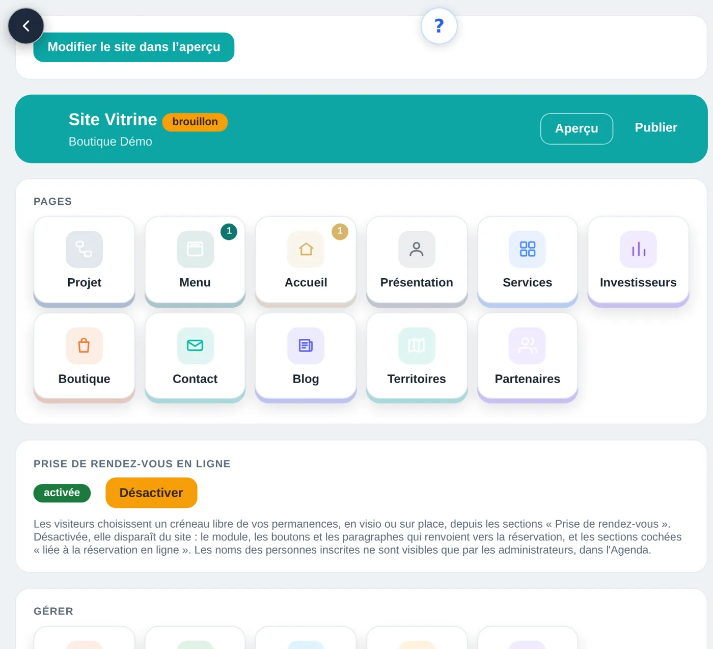 Website module: site pages (home, about, services, shop, contact, blog), online booking and domain and search settings.